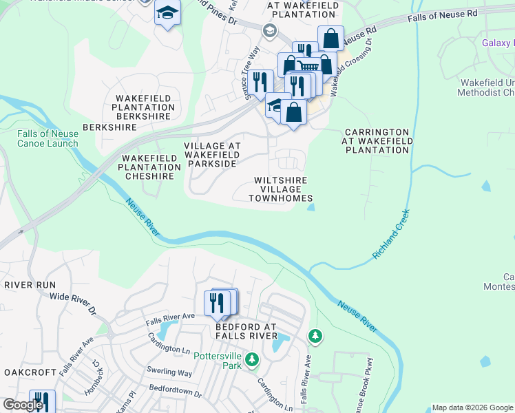 map of restaurants, bars, coffee shops, grocery stores, and more near 2532 Forest Shadows Lane in Raleigh