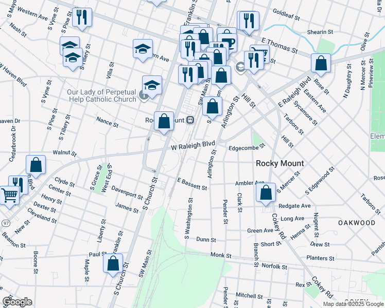 map of restaurants, bars, coffee shops, grocery stores, and more near 532 South Washington Street in Rocky Mount