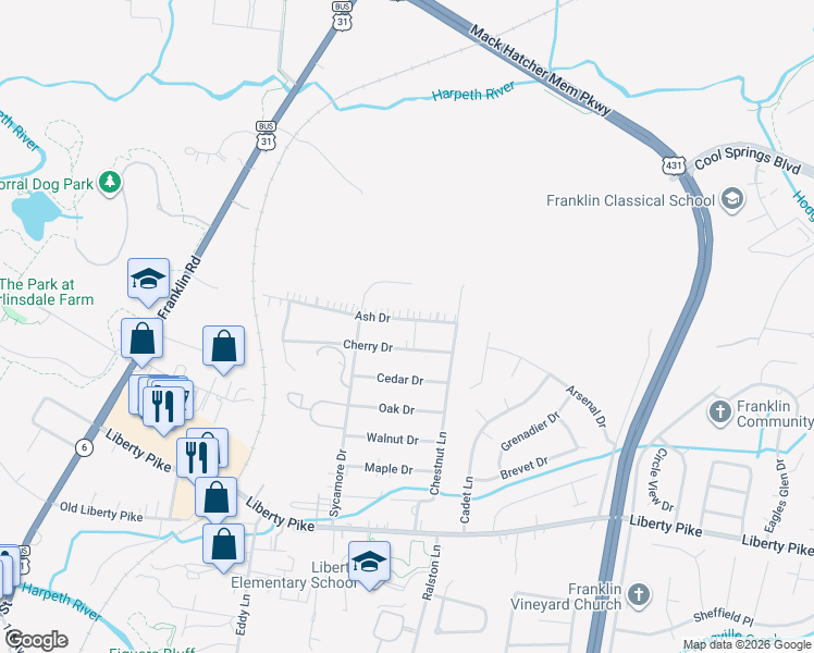 map of restaurants, bars, coffee shops, grocery stores, and more near 213 Ash Drive in Franklin