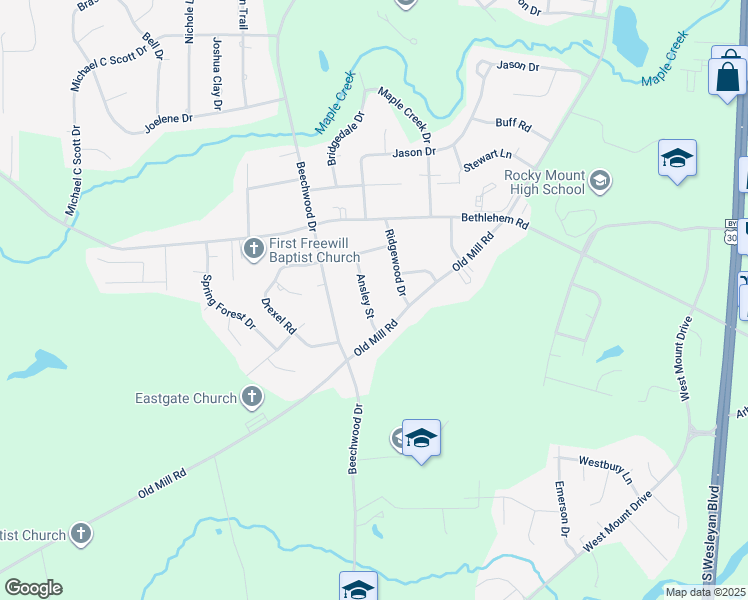 map of restaurants, bars, coffee shops, grocery stores, and more near 303 Ansley Street in Rocky Mount