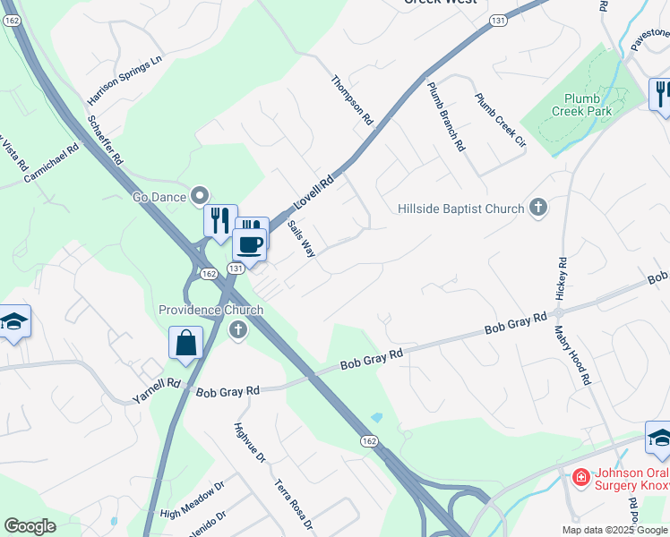 map of restaurants, bars, coffee shops, grocery stores, and more near 1671 Sails Way in Knoxville