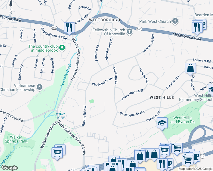 map of restaurants, bars, coffee shops, grocery stores, and more near 8318 Chadwick Drive Northwest in Knoxville