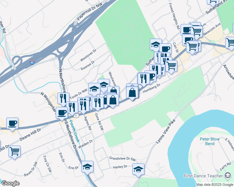 map of restaurants, bars, coffee shops, grocery stores, and more near 201 Century Court in Knoxville
