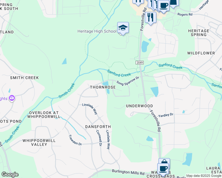 map of restaurants, bars, coffee shops, grocery stores, and more near 1525 Lindenberg Square in Wake Forest