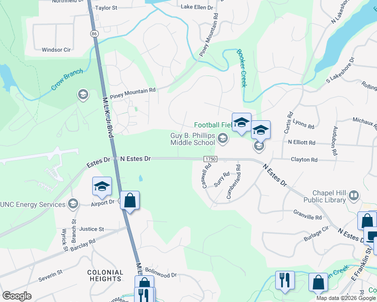 map of restaurants, bars, coffee shops, grocery stores, and more near 700 North Estes Drive in Chapel Hill