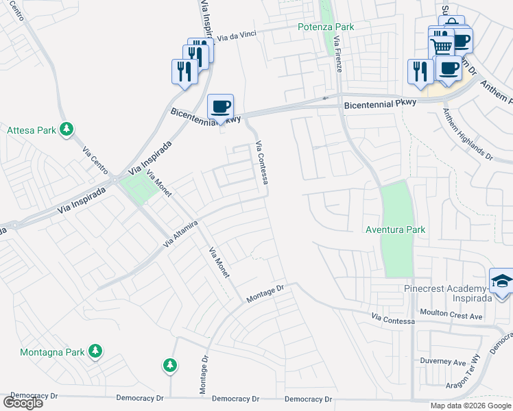 map of restaurants, bars, coffee shops, grocery stores, and more near Via Contessa in Henderson