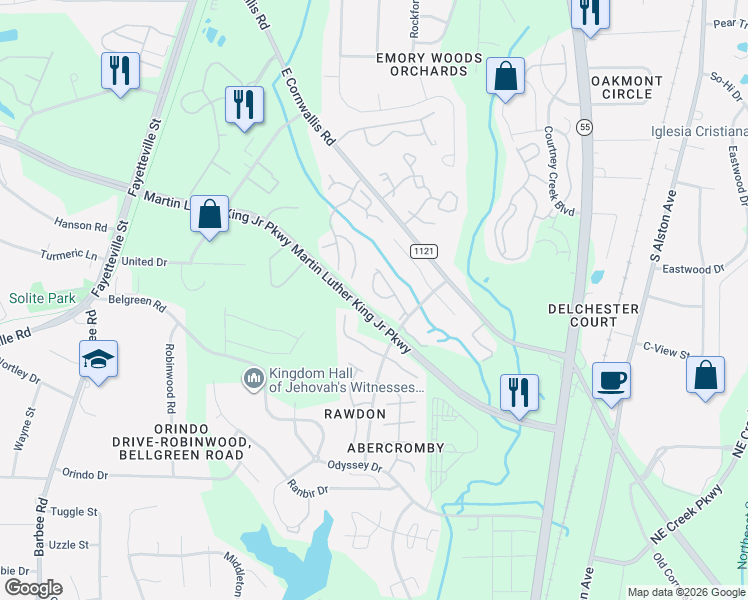 map of restaurants, bars, coffee shops, grocery stores, and more near 3464 Balfour West in Durham
