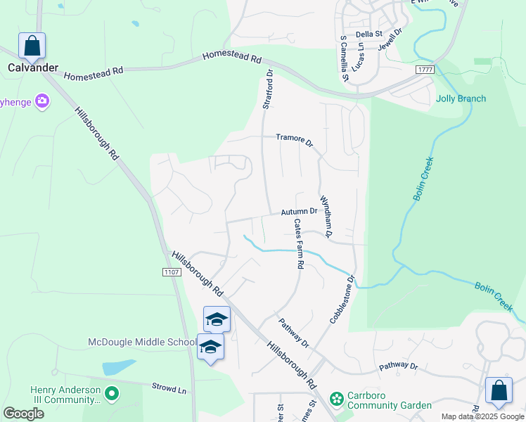 map of restaurants, bars, coffee shops, grocery stores, and more near 107 Autumn Drive in Chapel Hill