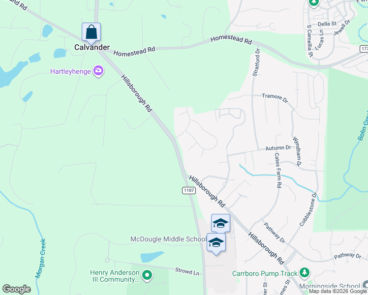 map of restaurants, bars, coffee shops, grocery stores, and more near 108 Sunset Ridge Lane in Chapel Hill