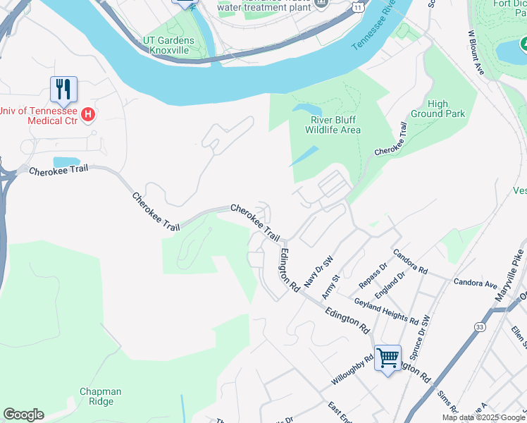 map of restaurants, bars, coffee shops, grocery stores, and more near 3705 Blooming Grove Way in Knoxville