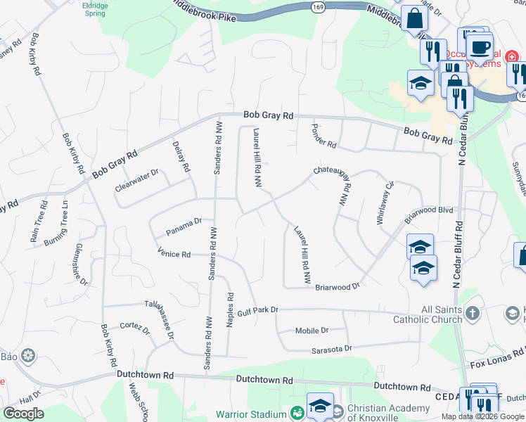 map of restaurants, bars, coffee shops, grocery stores, and more near 904 Ruffian Lane Northwest in Knoxville