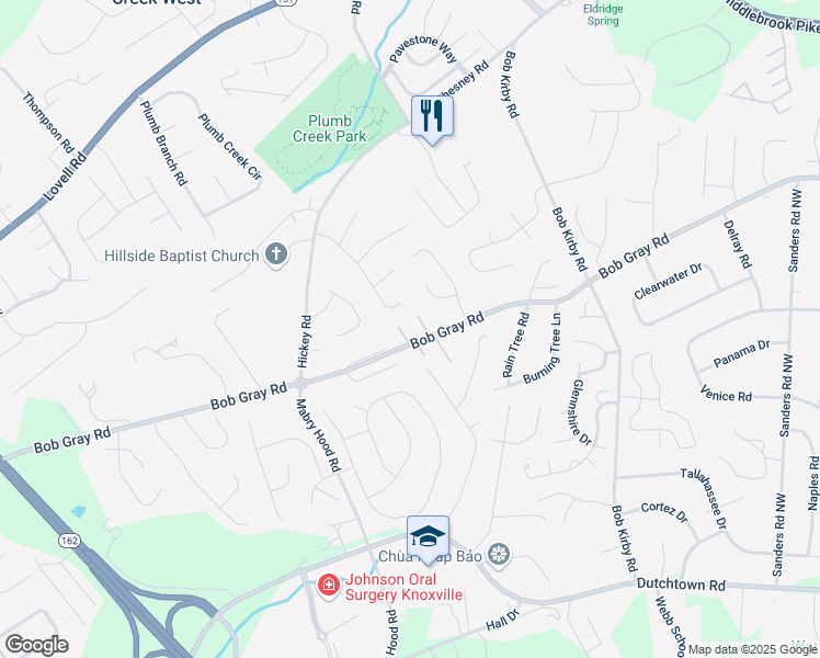 map of restaurants, bars, coffee shops, grocery stores, and more near 10019 Bob Gray Road in Knoxville