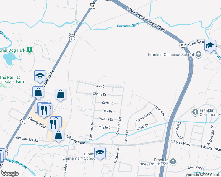map of restaurants, bars, coffee shops, grocery stores, and more near 213 Ash Drive in Franklin