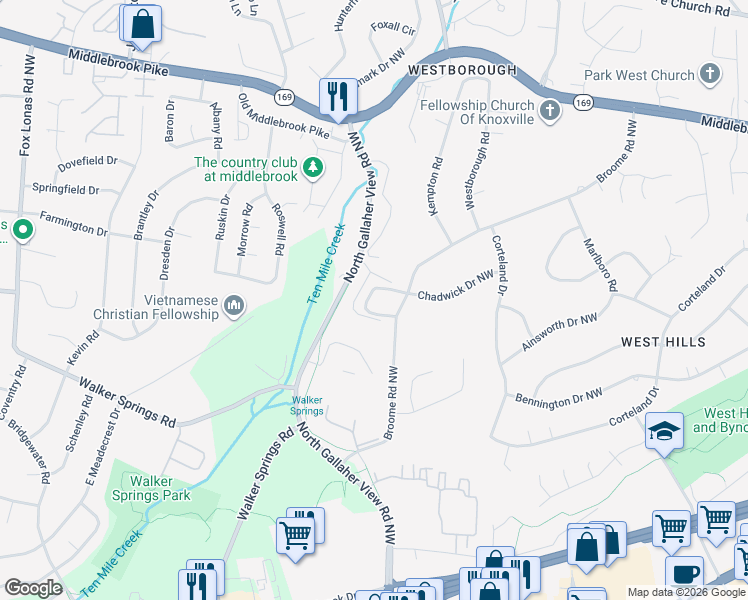 map of restaurants, bars, coffee shops, grocery stores, and more near 814 Klondike Way in Knoxville