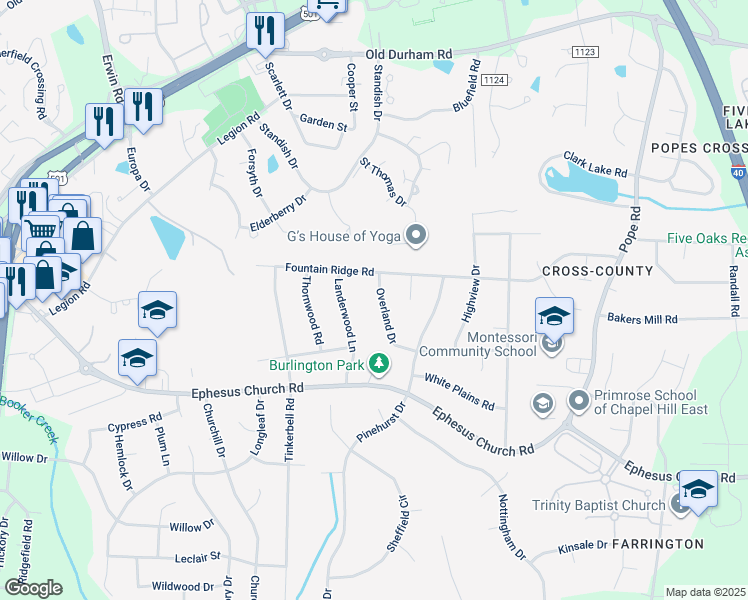 map of restaurants, bars, coffee shops, grocery stores, and more near 406 Overland Drive in Chapel Hill