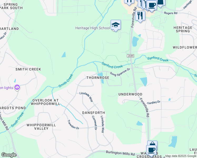 map of restaurants, bars, coffee shops, grocery stores, and more near 1312 Thorny Vine Court in Wake Forest