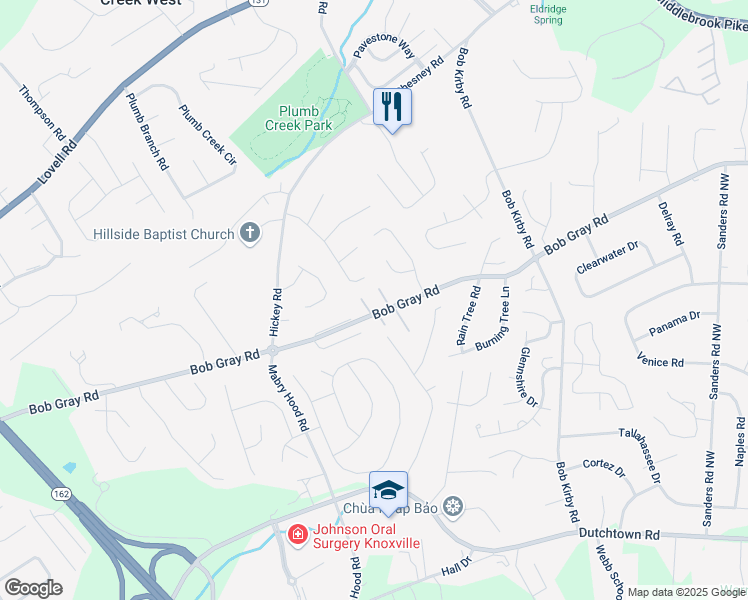 map of restaurants, bars, coffee shops, grocery stores, and more near 10019 Bob Gray Road in Knoxville
