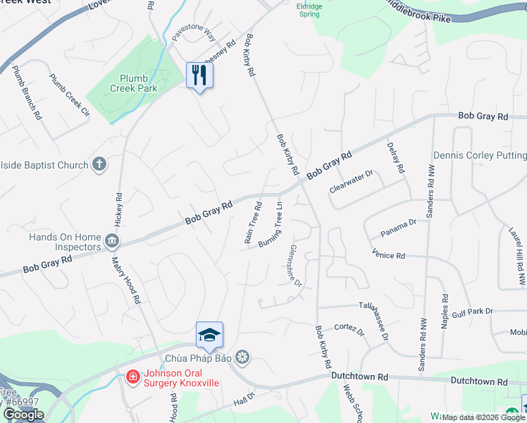 map of restaurants, bars, coffee shops, grocery stores, and more near 1112 Rain Tree Road in Knoxville