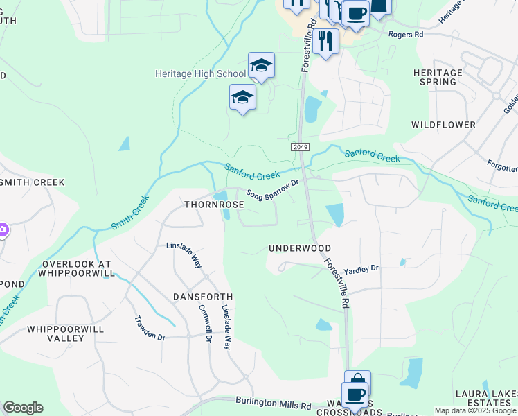 map of restaurants, bars, coffee shops, grocery stores, and more near 3921 Robins Nest Lane in Wake Forest
