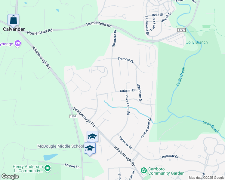 map of restaurants, bars, coffee shops, grocery stores, and more near 107 Autumn Drive in Chapel Hill