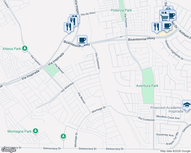 map of restaurants, bars, coffee shops, grocery stores, and more near Via Contessa in Henderson