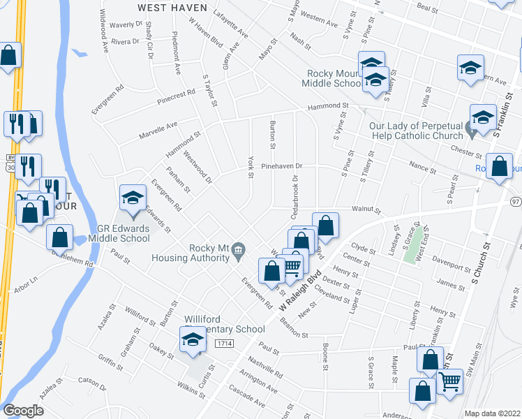 map of restaurants, bars, coffee shops, grocery stores, and more near 836 Burton Street in Rocky Mount