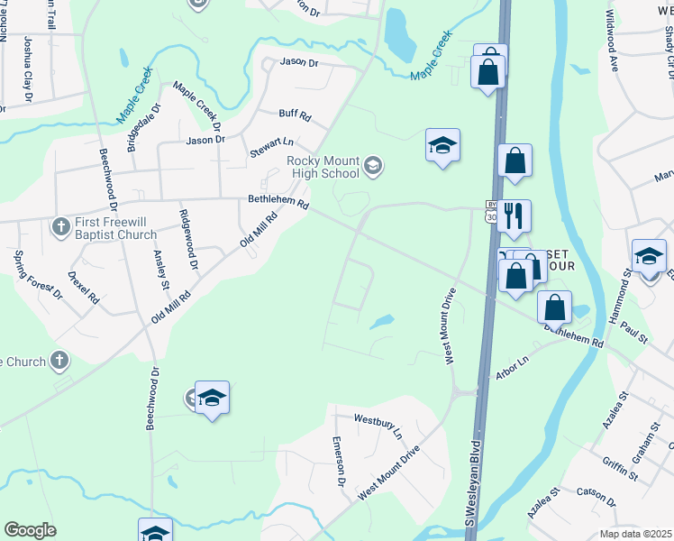 map of restaurants, bars, coffee shops, grocery stores, and more near 1034 Weathervane Hill Drive in Rocky Mount