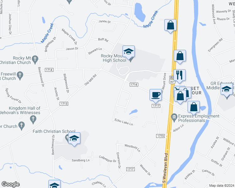 map of restaurants, bars, coffee shops, grocery stores, and more near 1034 Weathervane Hill Drive in Rocky Mount