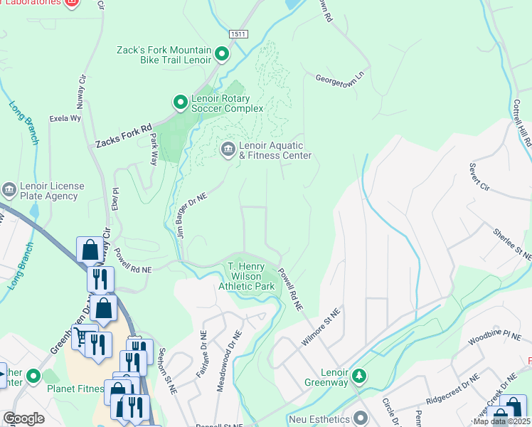 map of restaurants, bars, coffee shops, grocery stores, and more near 1021 Wellington Court in Lenoir
