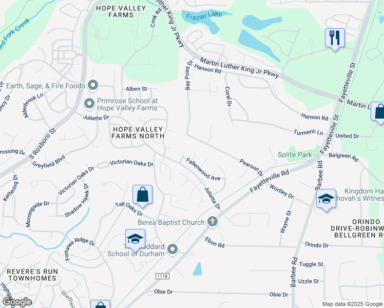 map of restaurants, bars, coffee shops, grocery stores, and more near 3 Homestead Court in Durham
