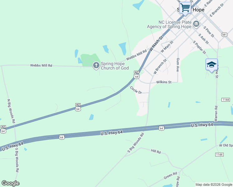 map of restaurants, bars, coffee shops, grocery stores, and more near 9500 U.S. 64 Alternate in Spring Hope