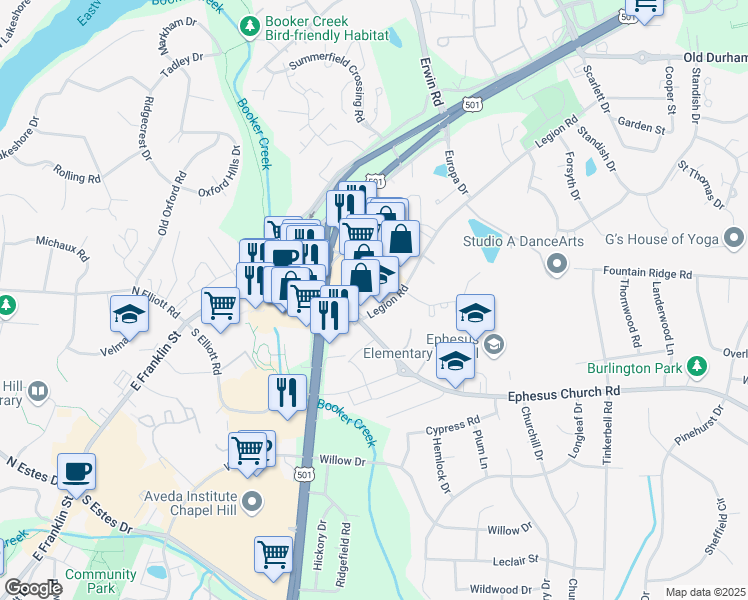 map of restaurants, bars, coffee shops, grocery stores, and more near 1703 Legion Road in Chapel Hill