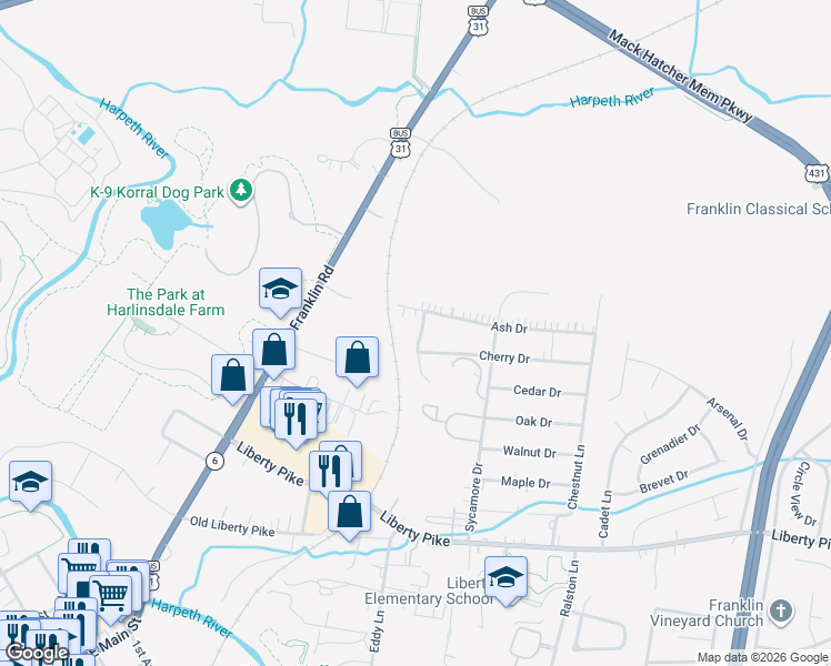 map of restaurants, bars, coffee shops, grocery stores, and more near 405 Knob Court in Franklin
