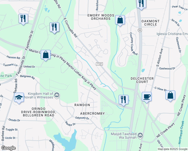 map of restaurants, bars, coffee shops, grocery stores, and more near 3313 Tarleton West in Durham