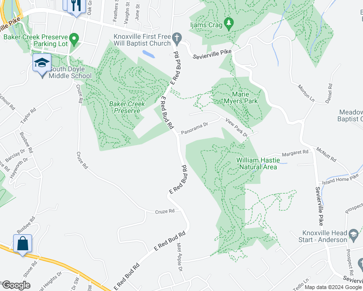 map of restaurants, bars, coffee shops, grocery stores, and more near 466 East Red Bud Road in Knoxville