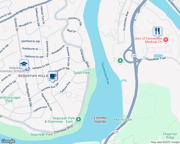 map of restaurants, bars, coffee shops, grocery stores, and more near 1214 Cherokee Boulevard in Knoxville