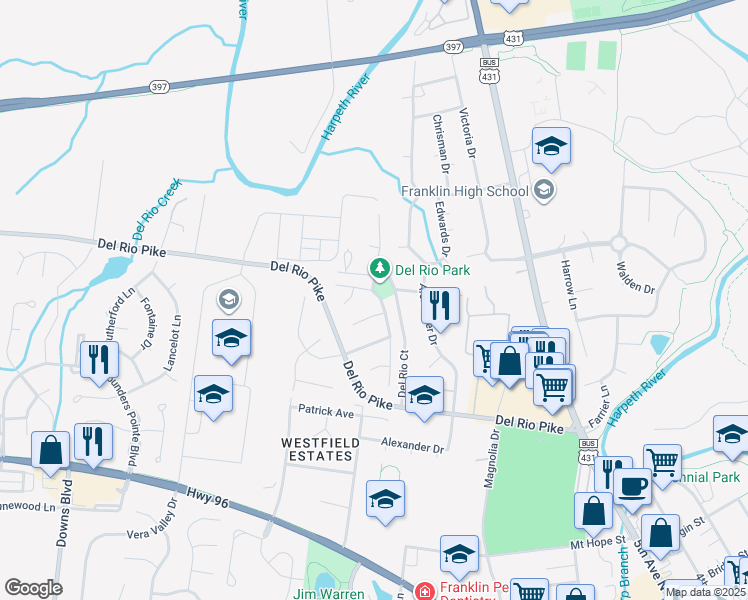 map of restaurants, bars, coffee shops, grocery stores, and more near 331 Astor Way in Franklin