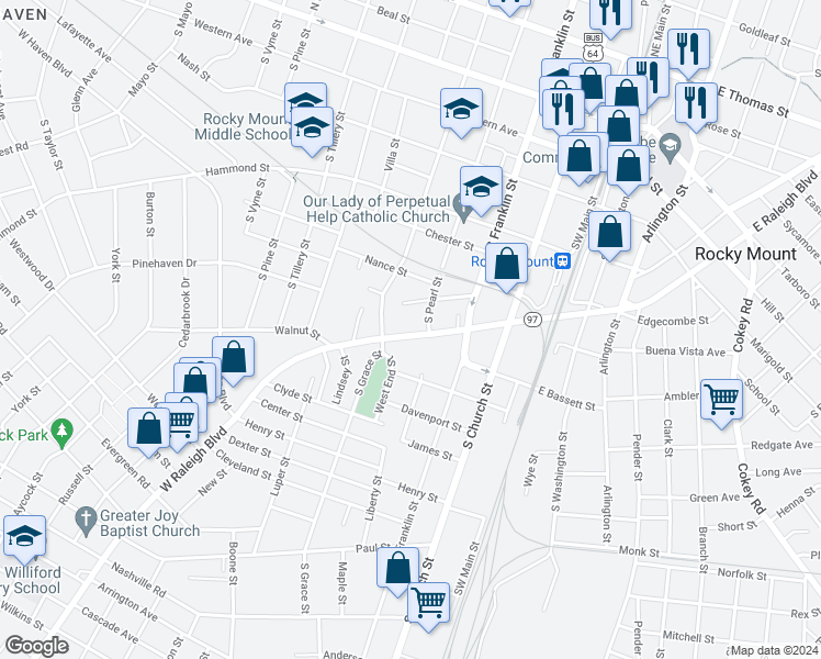 map of restaurants, bars, coffee shops, grocery stores, and more near 418 West Raleigh Boulevard in Rocky Mount