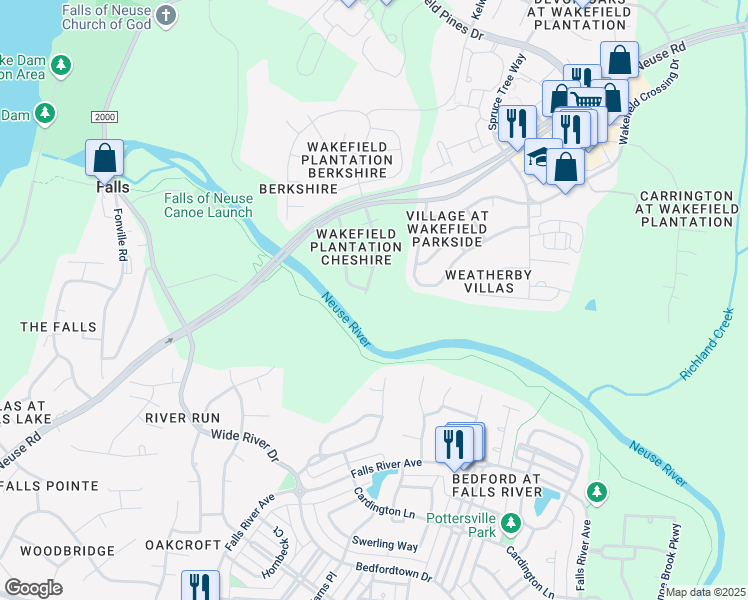 map of restaurants, bars, coffee shops, grocery stores, and more near 12404 Village Pines Lane in Raleigh