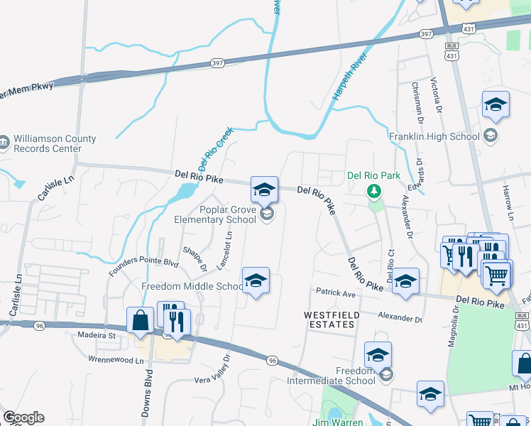map of restaurants, bars, coffee shops, grocery stores, and more near 2959 Del Rio Pike in Franklin