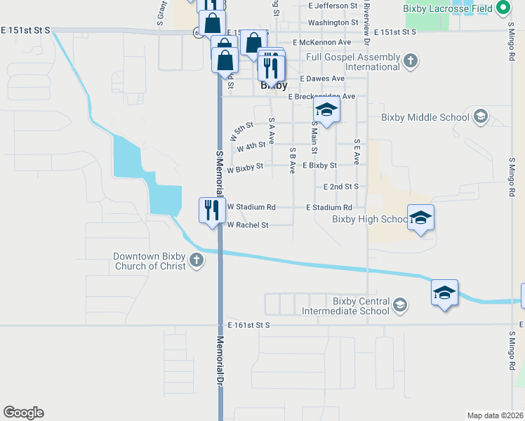 map of restaurants, bars, coffee shops, grocery stores, and more near 20 West Stadium Road in Bixby