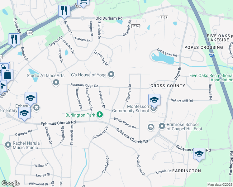 map of restaurants, bars, coffee shops, grocery stores, and more near 404 Sharon Road in Chapel Hill