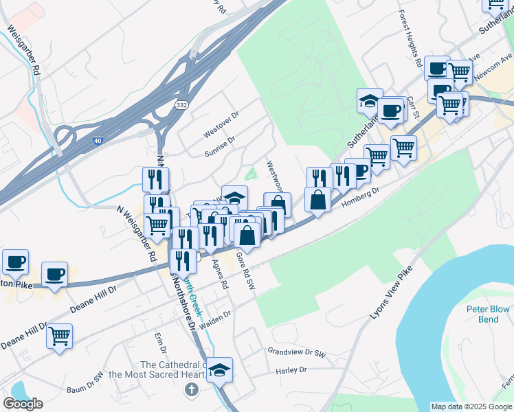map of restaurants, bars, coffee shops, grocery stores, and more near 5717 Kingston Pike in Knoxville