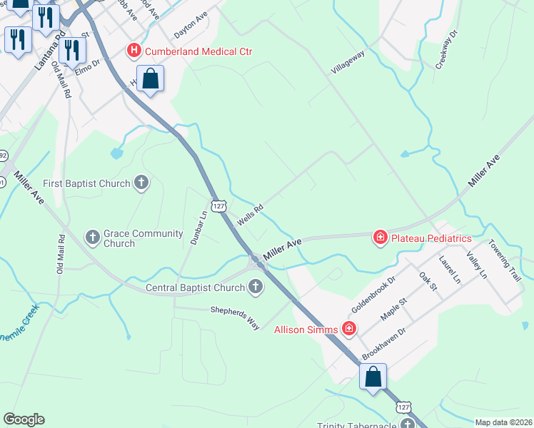 map of restaurants, bars, coffee shops, grocery stores, and more near 121 County Seat Road in Crossville