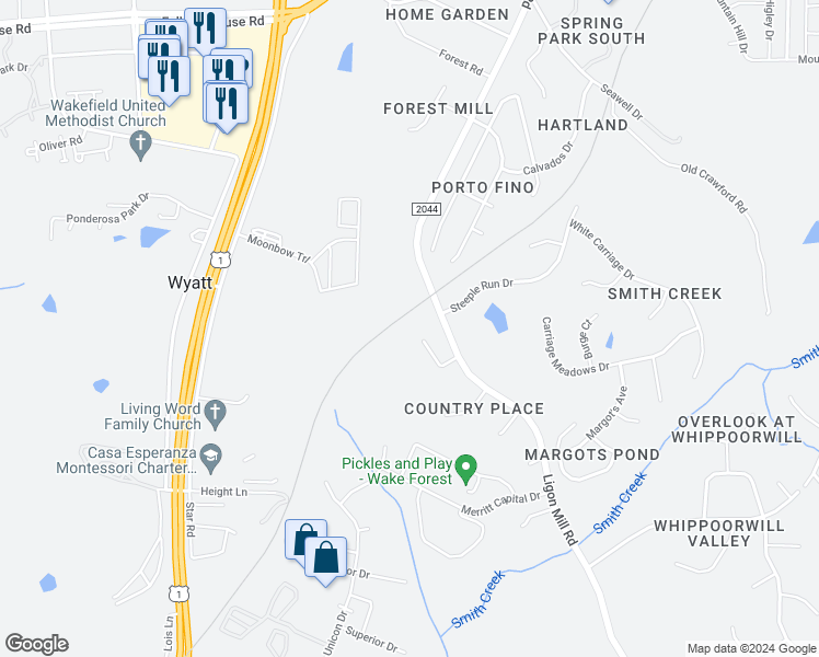 map of restaurants, bars, coffee shops, grocery stores, and more near 1031 Greenhow Lane in Wake Forest