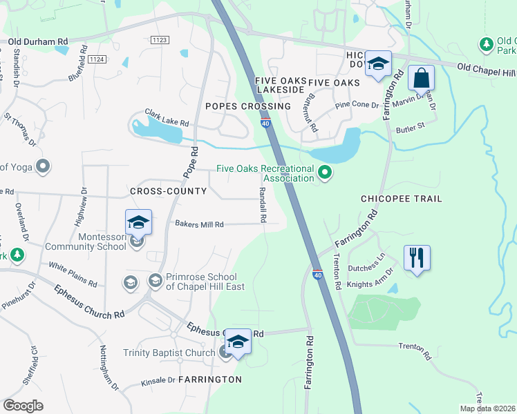 map of restaurants, bars, coffee shops, grocery stores, and more near 5304 Bakers Mill Road in Durham