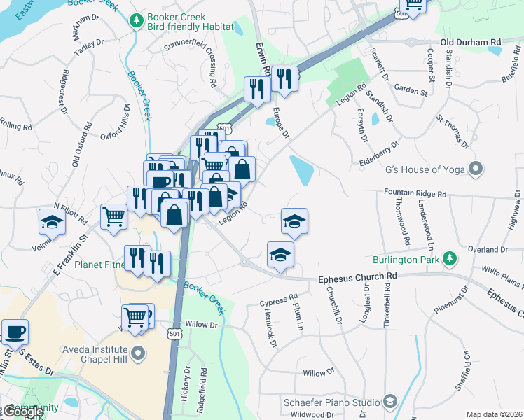 map of restaurants, bars, coffee shops, grocery stores, and more near 16 Clover Drive in Chapel Hill