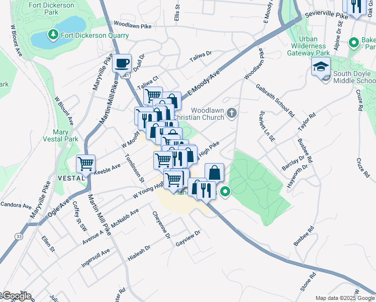map of restaurants, bars, coffee shops, grocery stores, and more near 4310 Chapman Highway in Knoxville