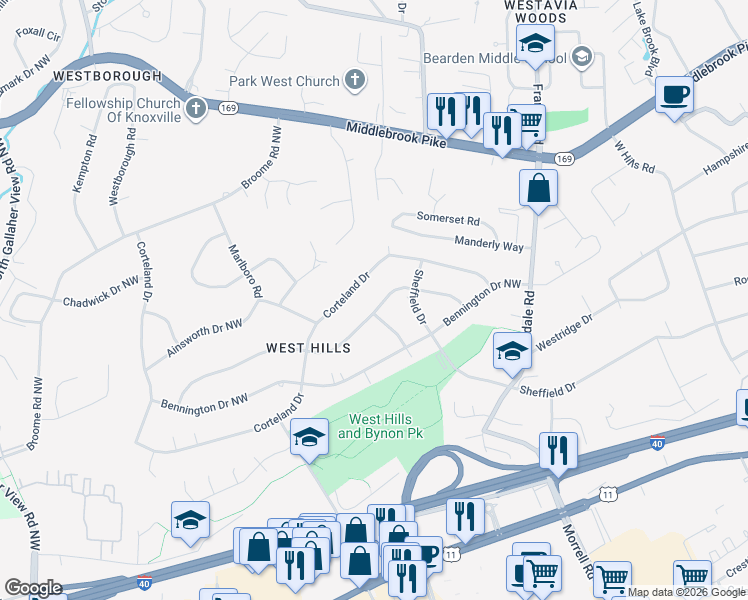 map of restaurants, bars, coffee shops, grocery stores, and more near 7925 Chesterfield Drive in Knoxville