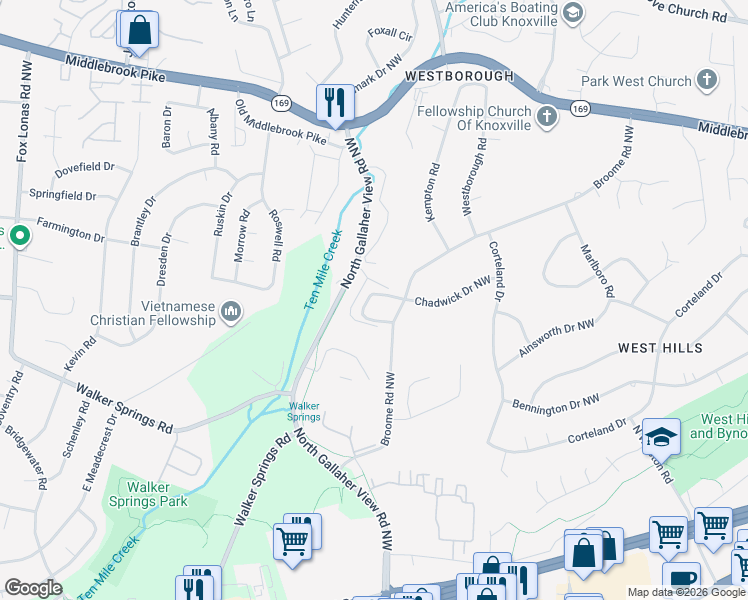 map of restaurants, bars, coffee shops, grocery stores, and more near 814 Klondike Way in Knoxville